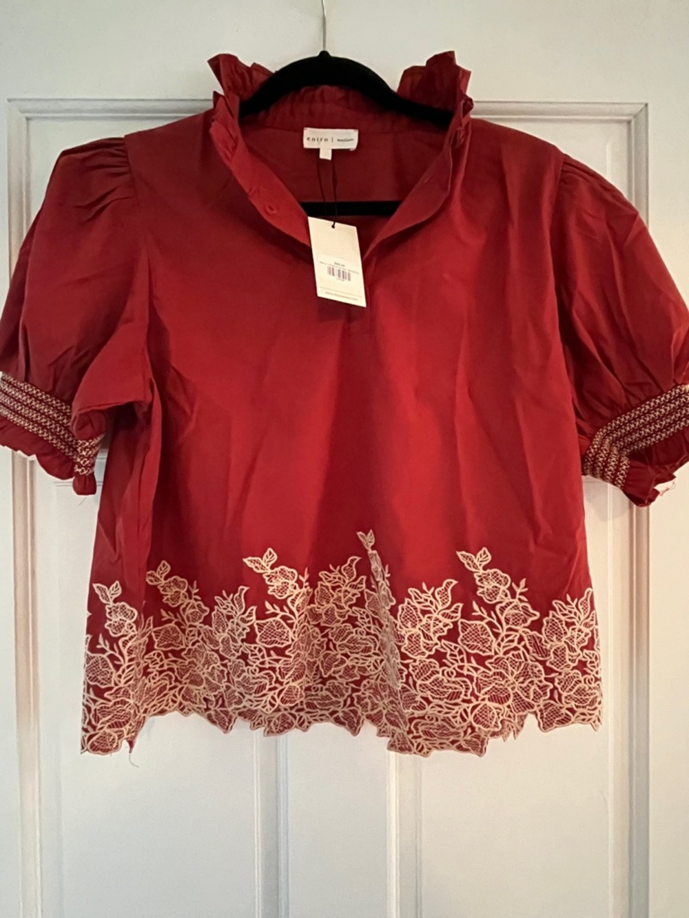 NWT Entro Red Ruffle-Neck Blouse with White Floral Embroidery